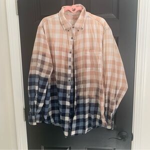 Relove | Casual 100% Cotton Plaid Button Flannel Ombré Beige and Navy | Sz L